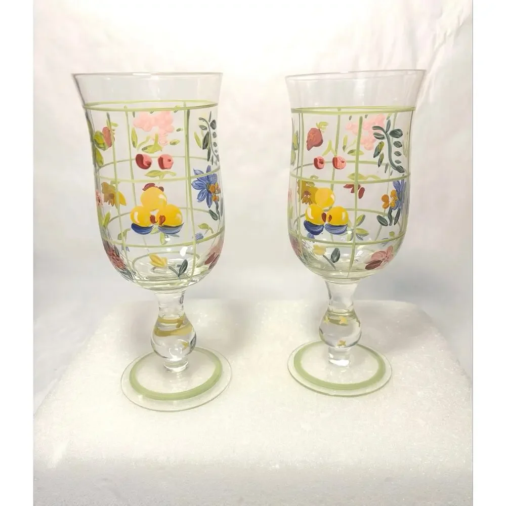Tracy Porter Vintage Set of 2 Handpainted Floral Stemmed Wine/ Water Glasses